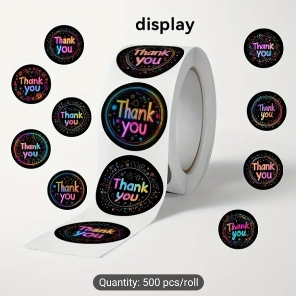 Thank You Stickers, Retro Neon Glow- 500 Count Each, 2 Rolls = 1000qty - Picture 2 of 3
